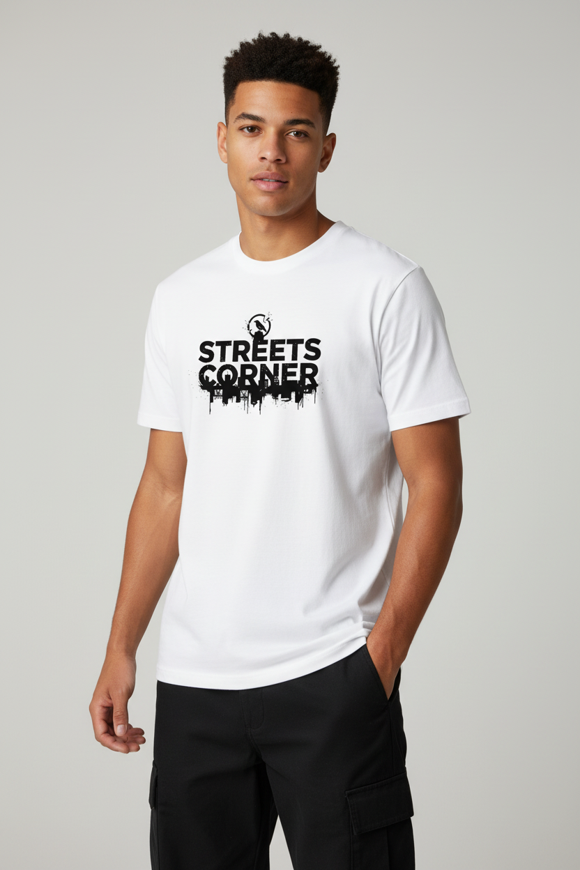 Streetscorner Logo - T-shirt Blanc Signature Streetwear Streetscorner