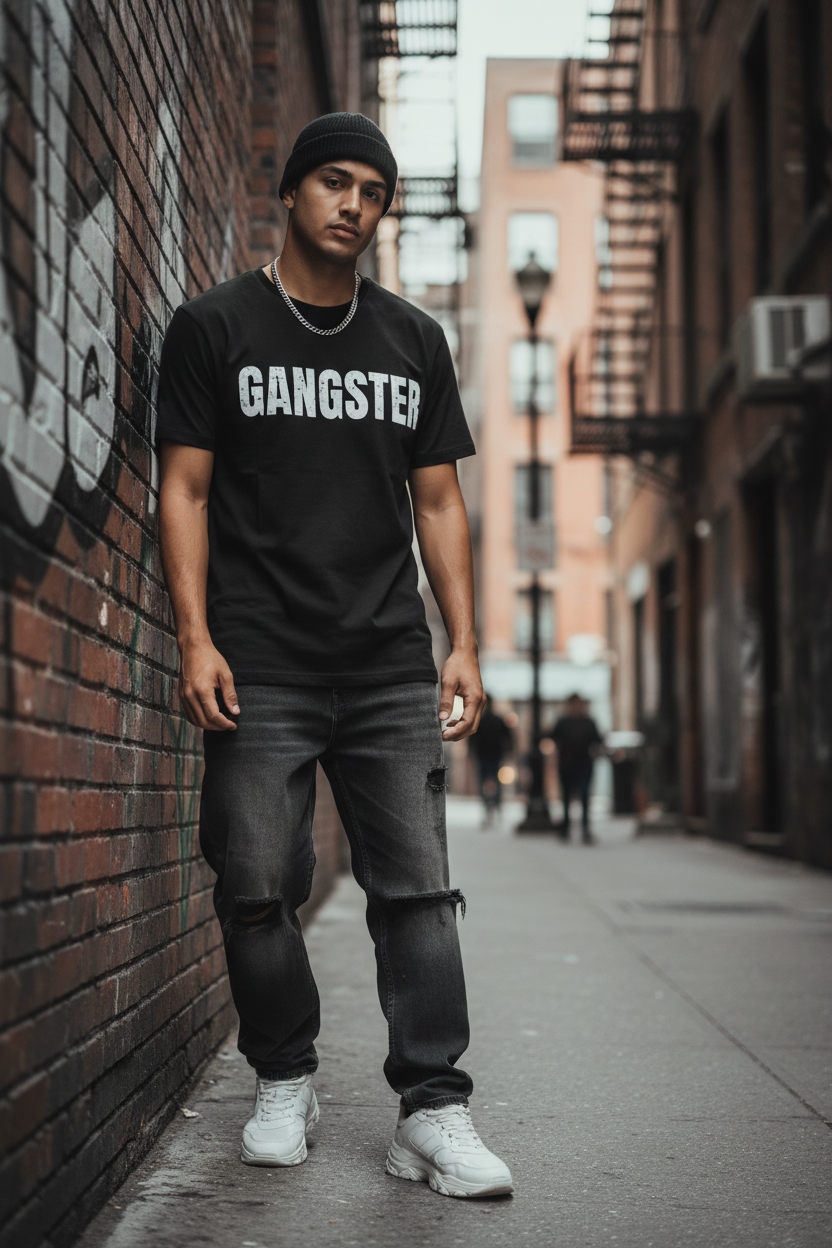 T-Shirt Gangster Homme Noir - Streetwear Urbain Vintage Streetscorner