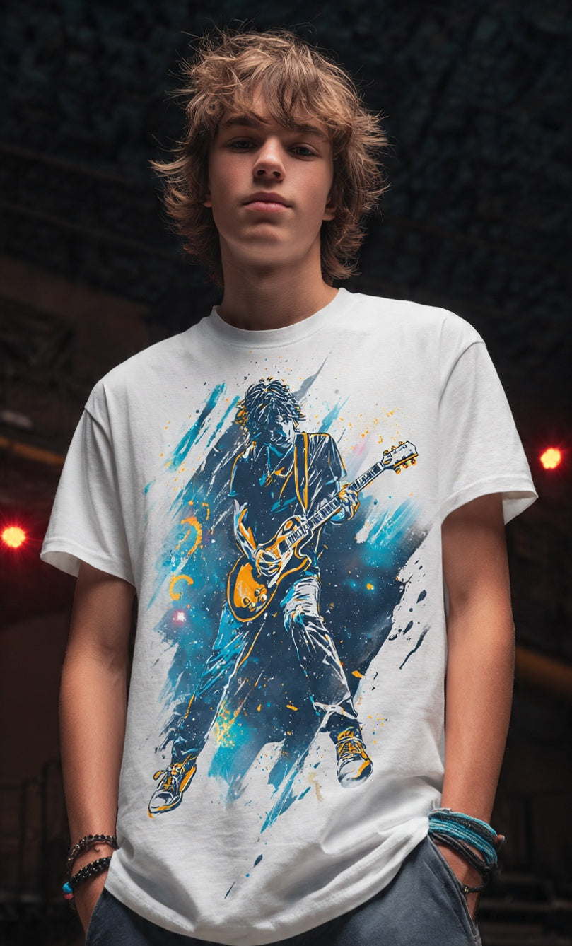 T-Shirt Guitariste Blanc - Design Artistique Aquarelle Streetscorner